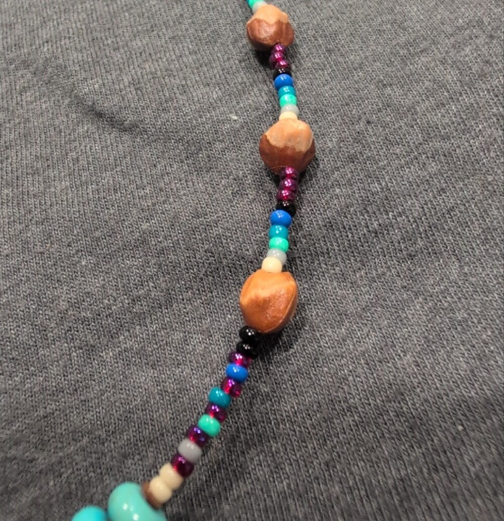 Navajo Made Multicolor Beaded Necklace with Turquoise Accent - Picture 3 of 7